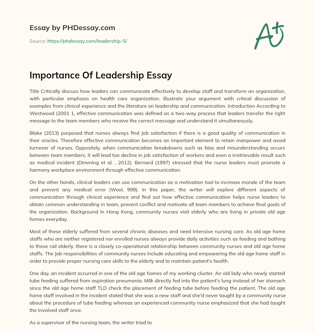 Importance Of Leadership Essay essay