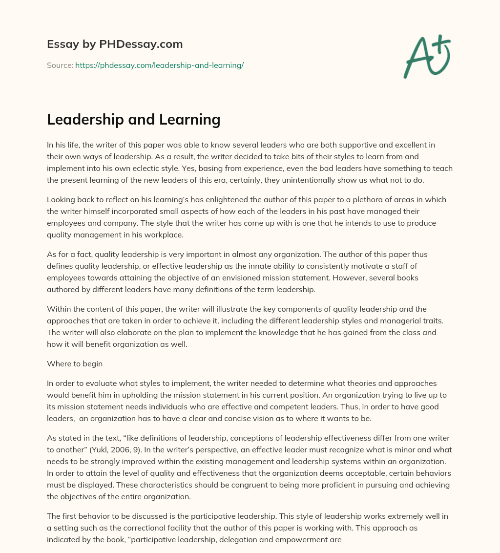 Leadership and Learning essay