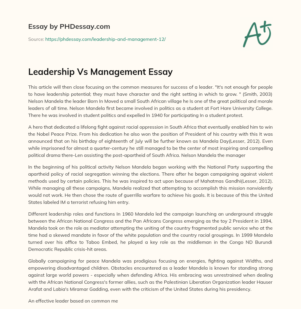 Leadership Vs Management Essay essay