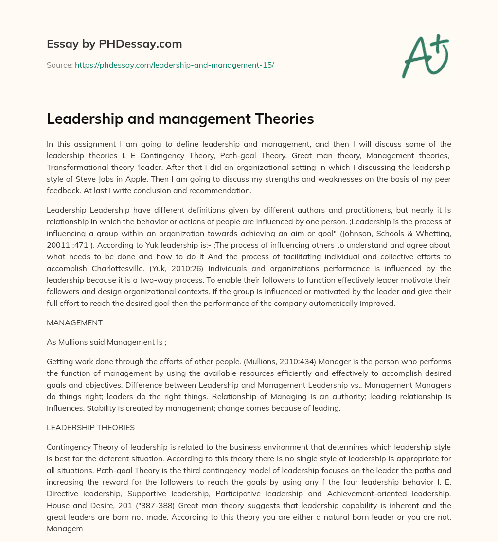 Leadership and management Theories essay
