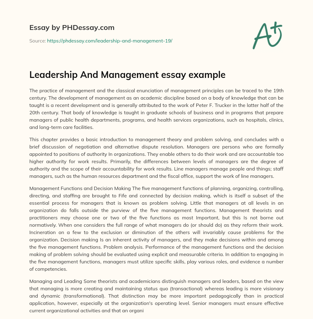 Leadership And Management essay example essay