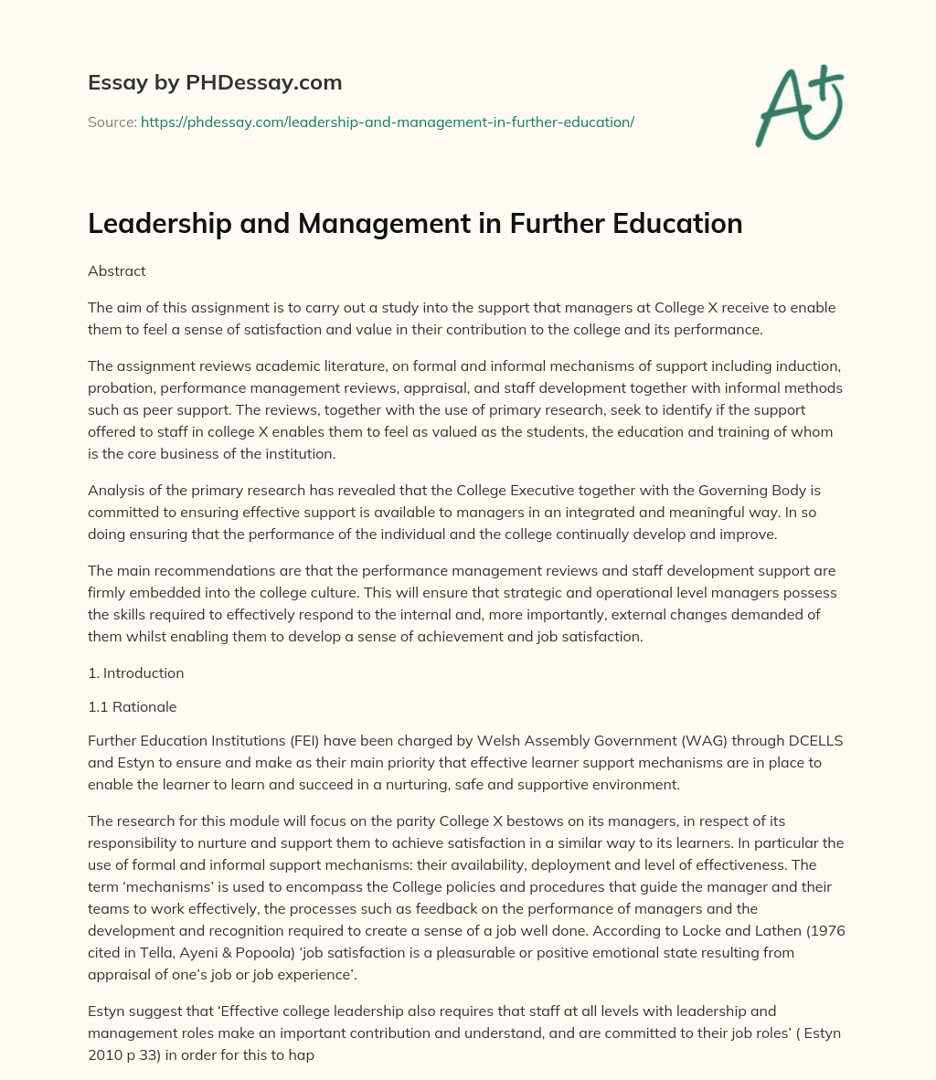 Leadership and Management in Further Education essay