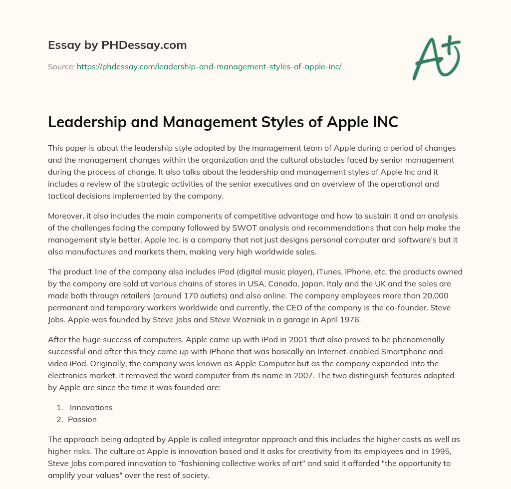 Leadership and Management Styles of Apple INC (400 Words)