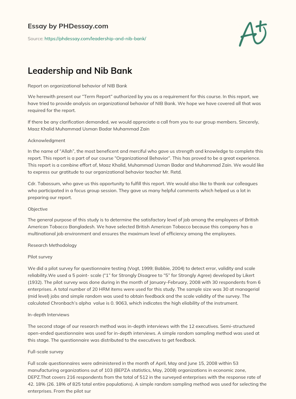 Leadership and Nib Bank essay