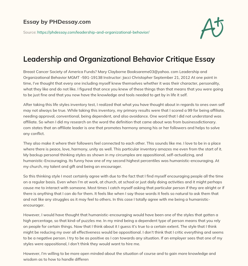 Leadership and Organizational Behavior Critique Essay essay