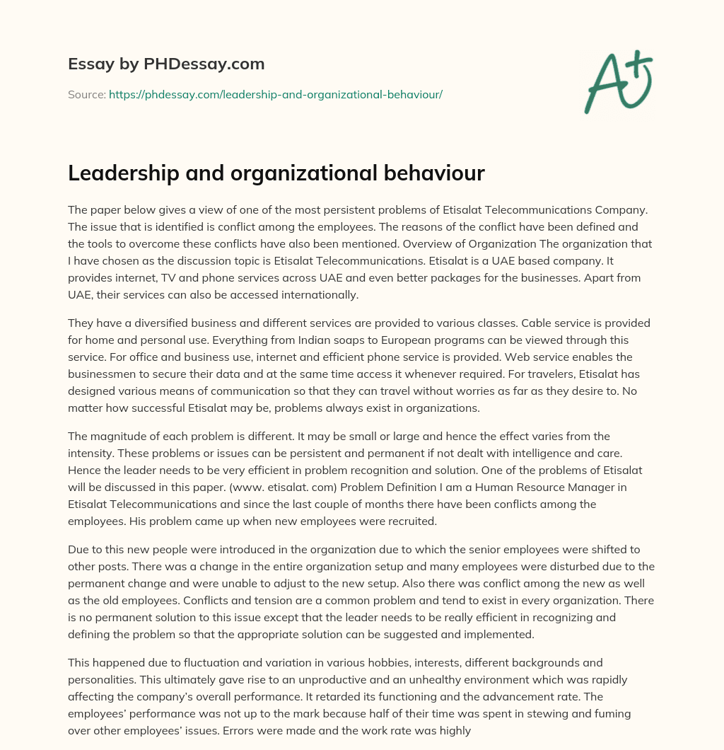 Leadership and organizational behaviour essay