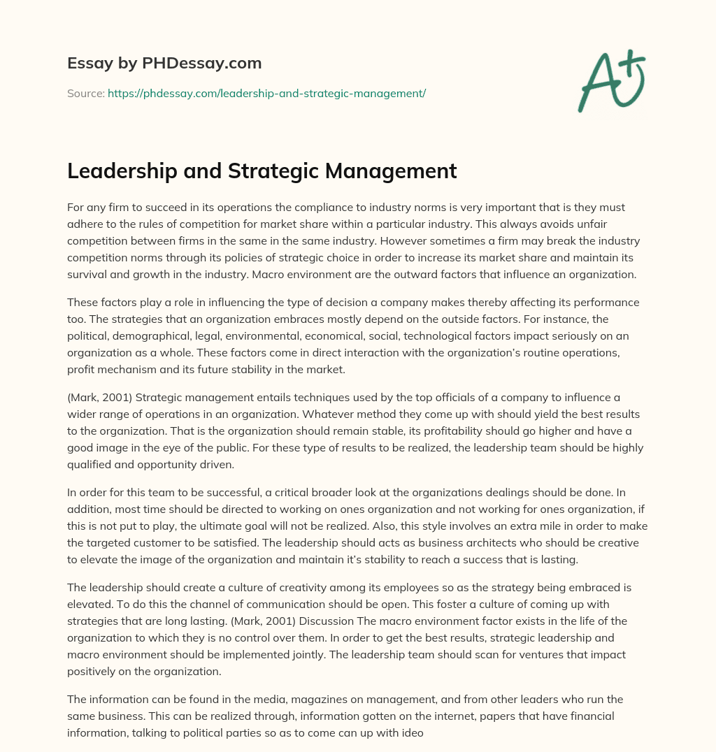 Leadership and Strategic Management essay