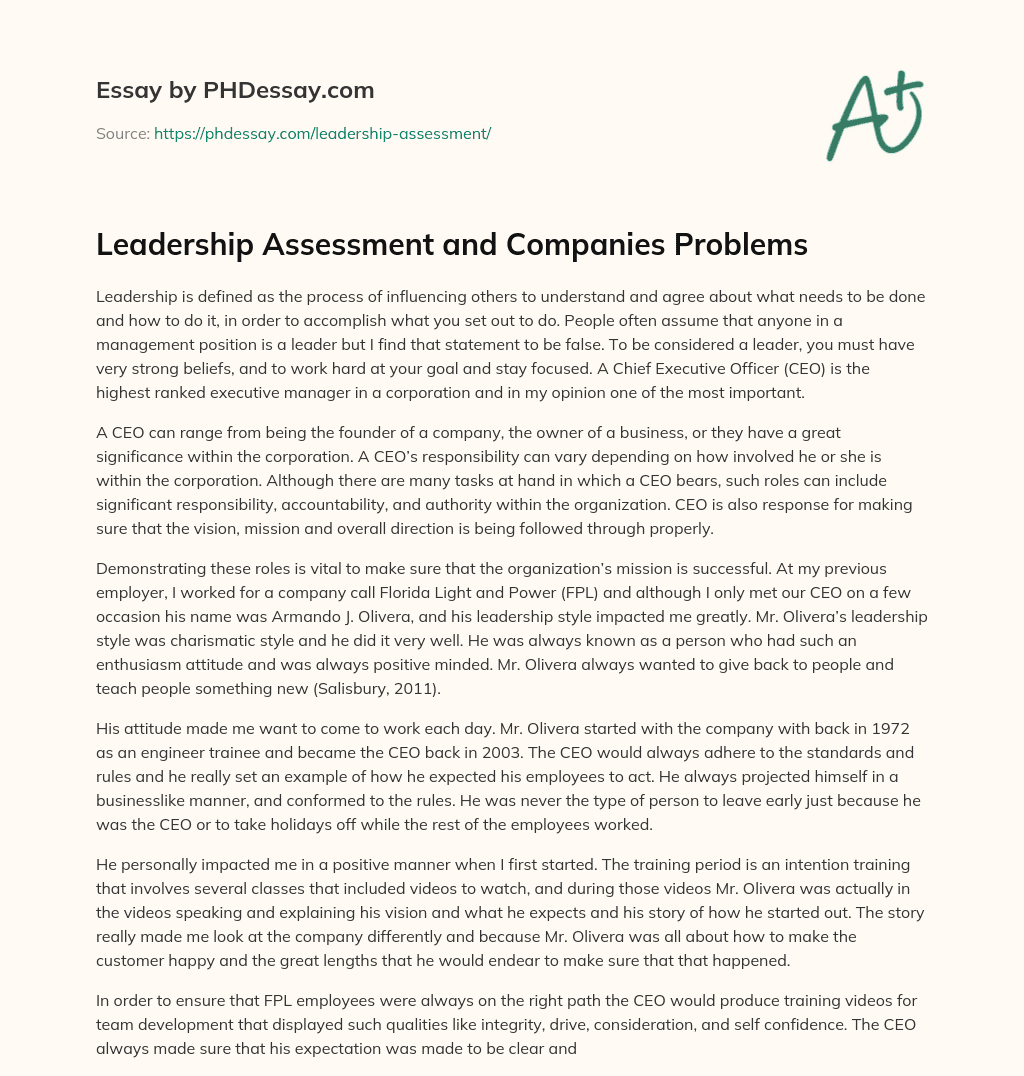 Leadership Assessment and Companies Problems essay