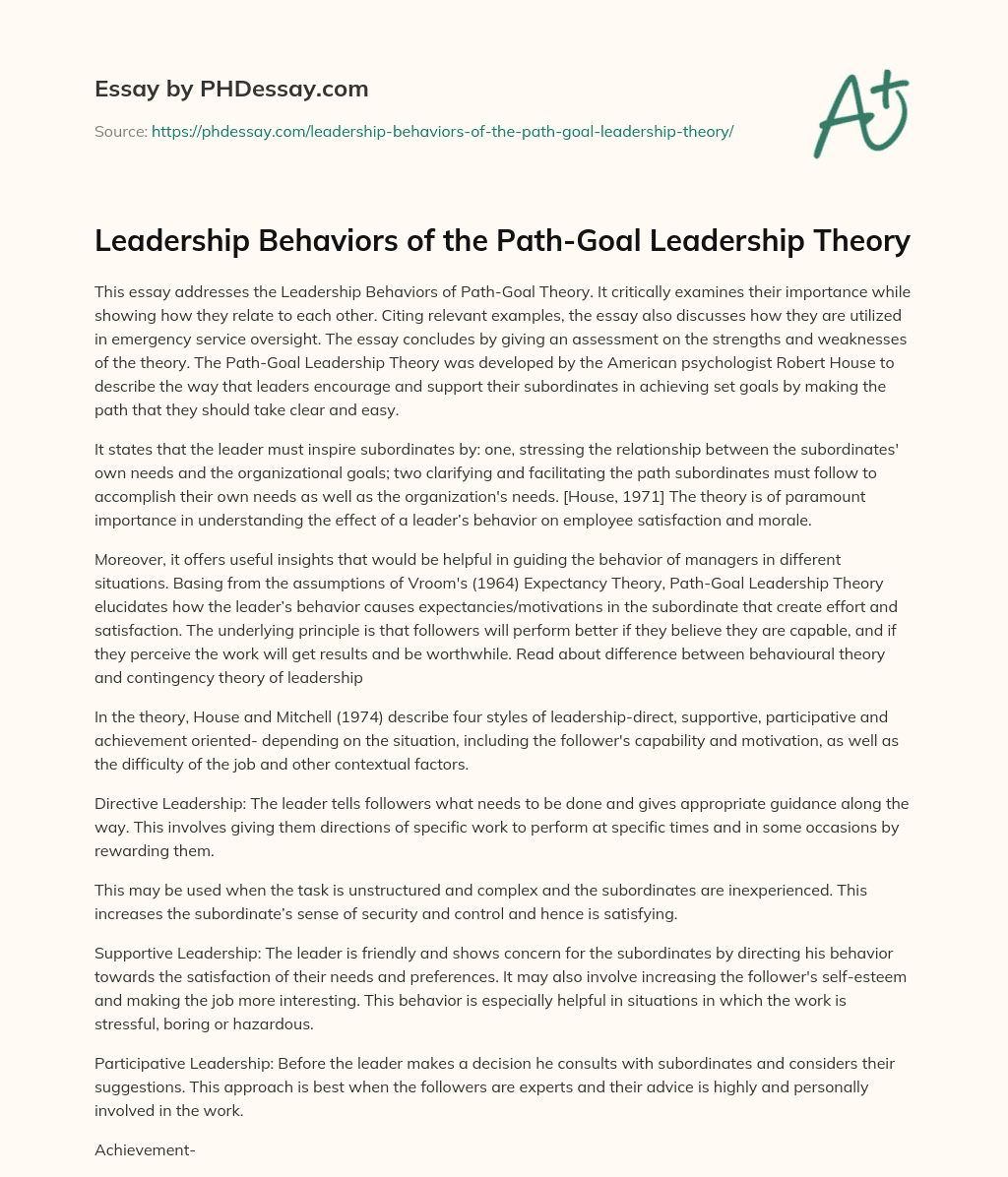 Leadership Behaviors of the Path-Goal Leadership Theory essay