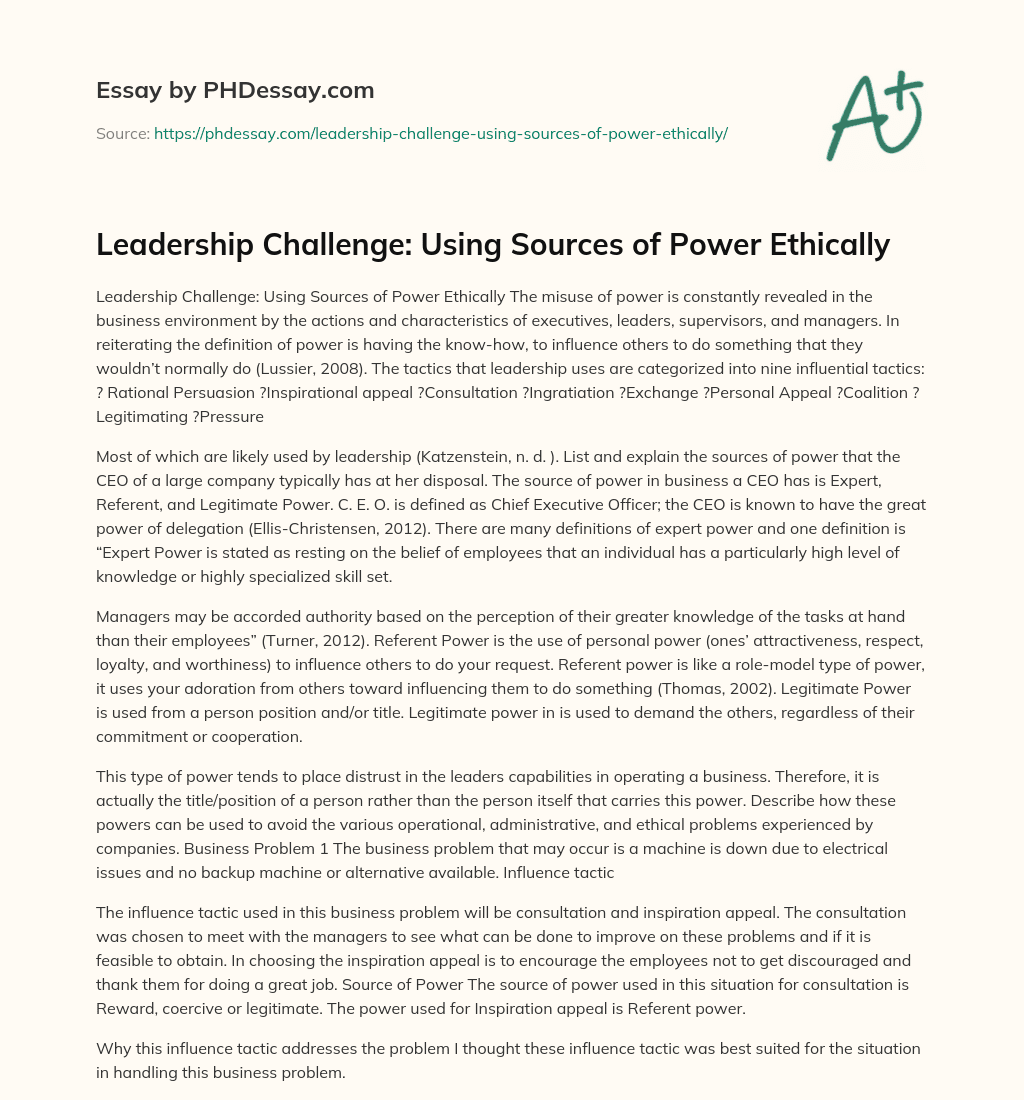 Leadership Challenge: Using Sources of Power Ethically essay