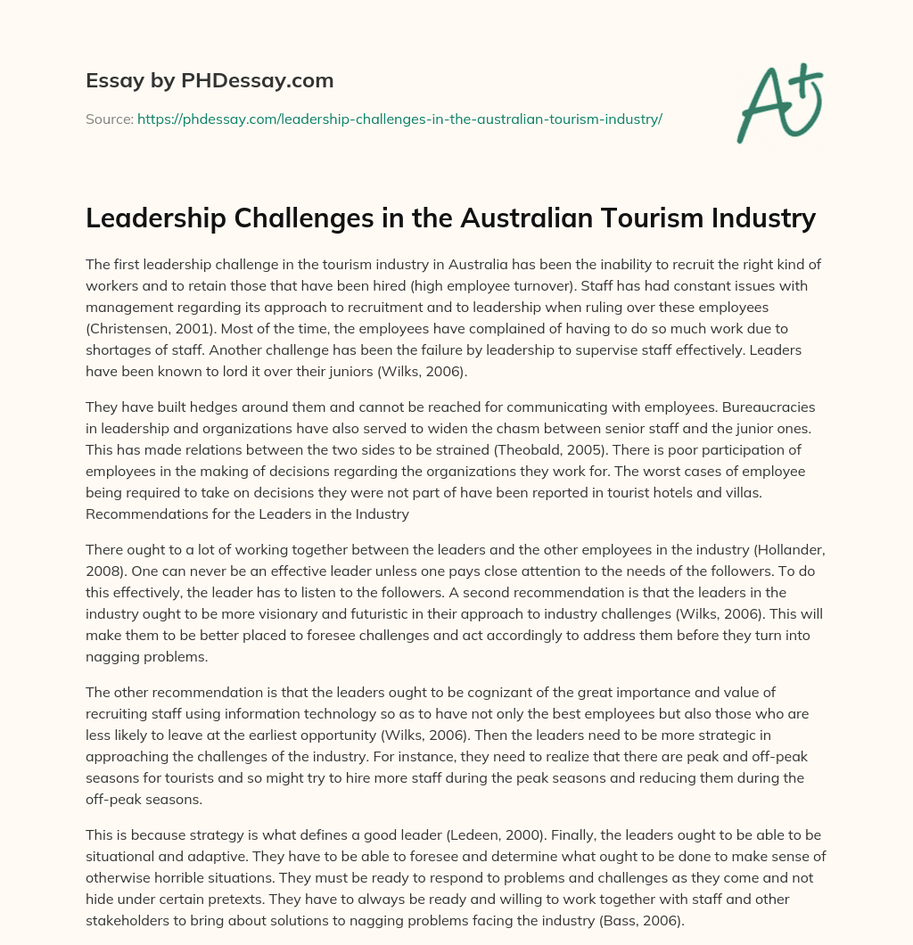 Leadership Challenges in the Australian Tourism Industry essay