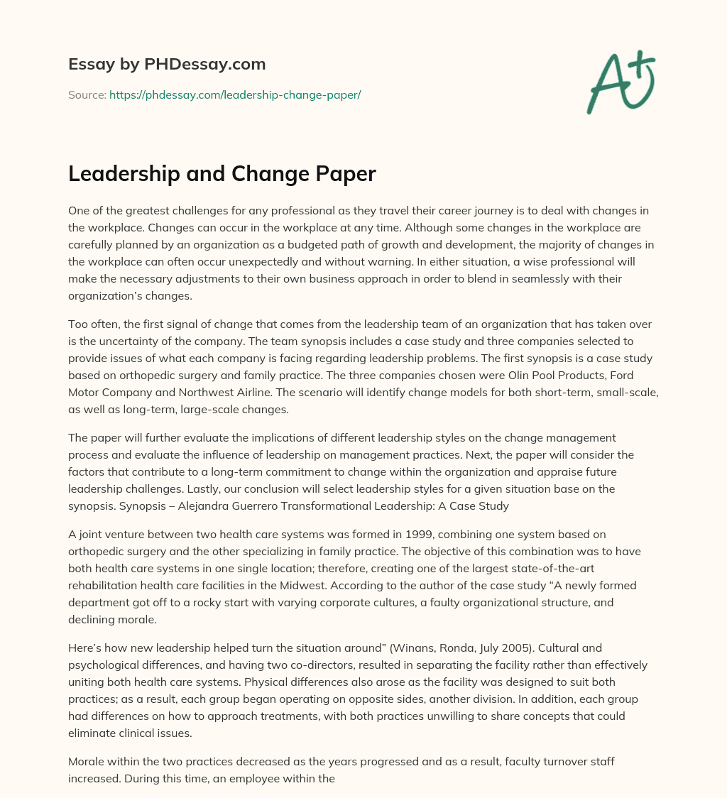 Leadership and Change Paper essay