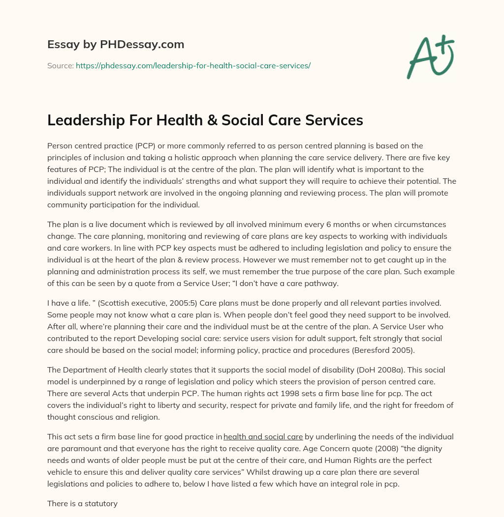 Leadership For Health & Social Care Services essay