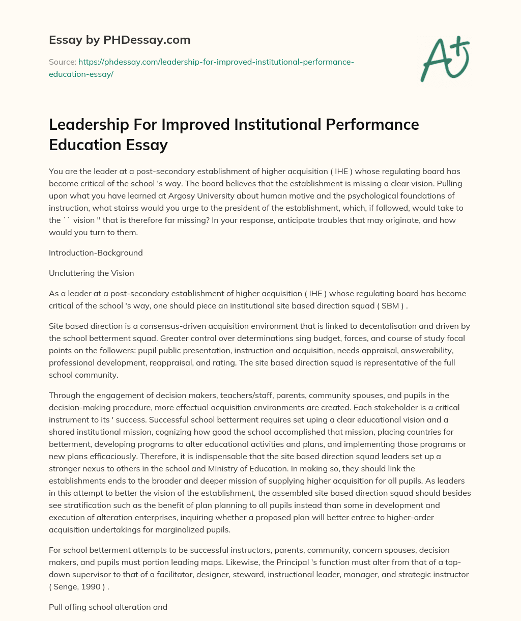 Leadership For Improved Institutional Performance Education Essay essay