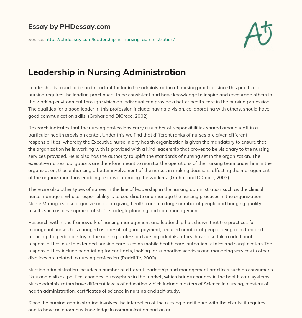Leadership in Nursing Administration essay