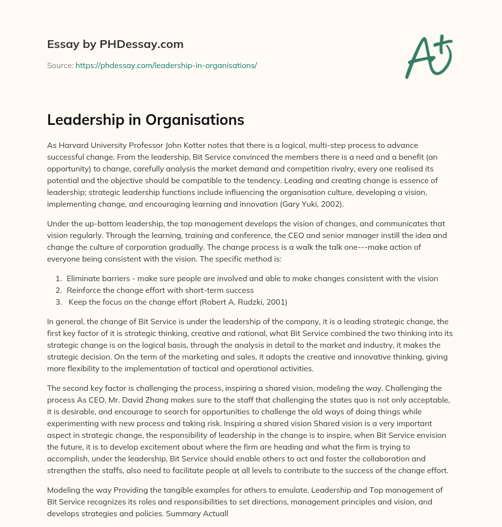 Leadership in Organisations essay