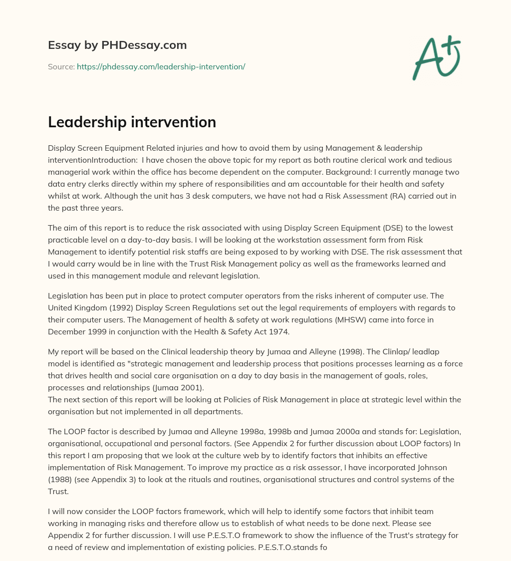 Leadership intervention essay
