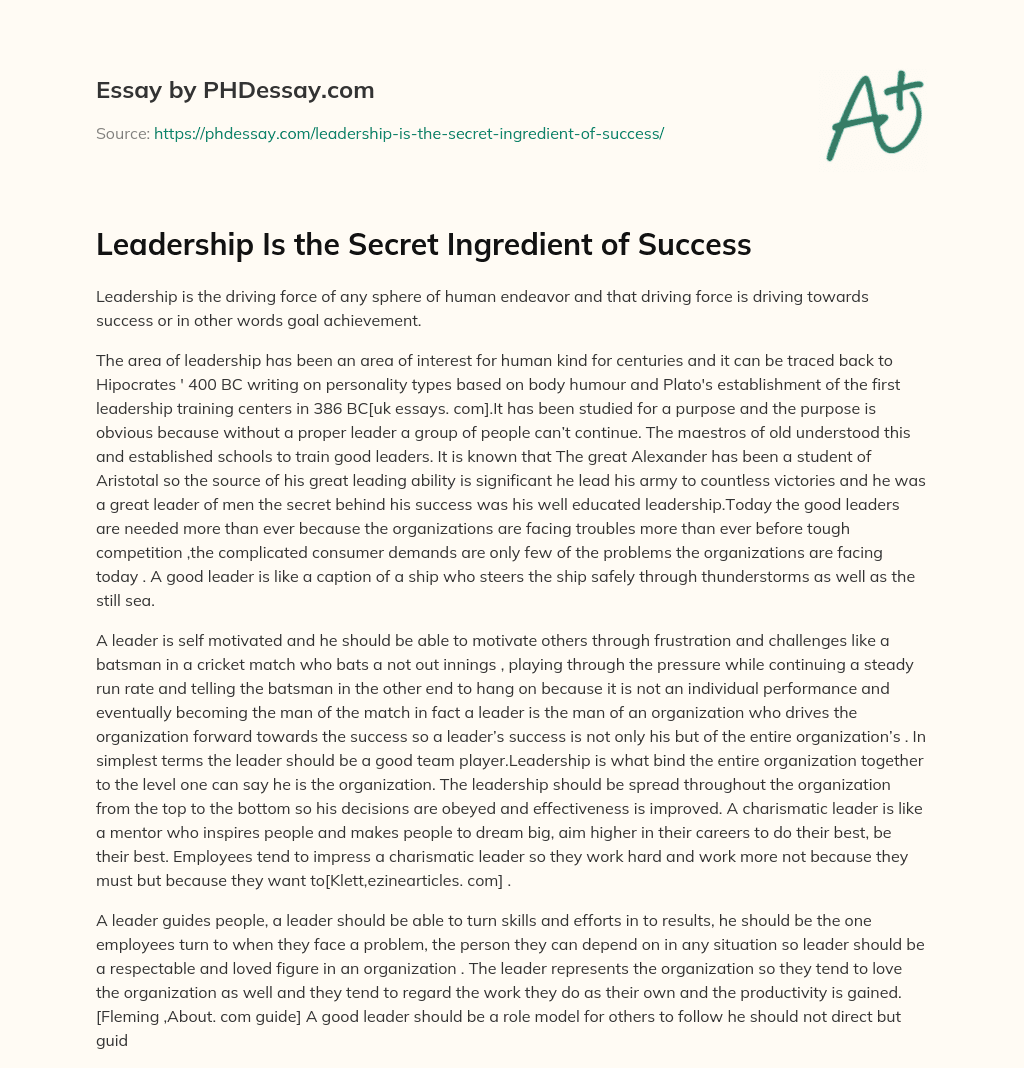 Leadership Is the Secret Ingredient of Success essay