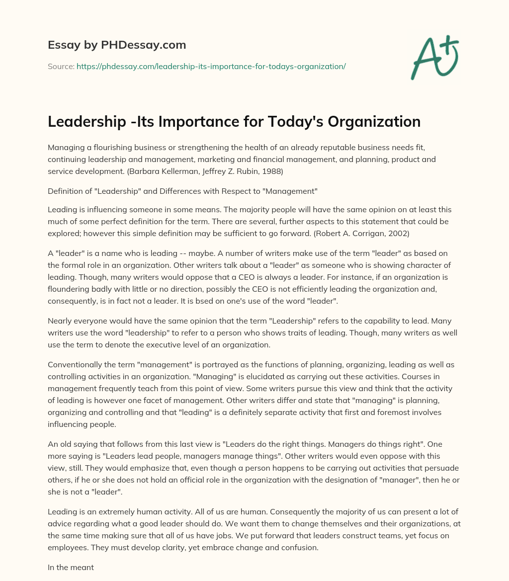 Leadership -Its Importance for Today’s Organization essay