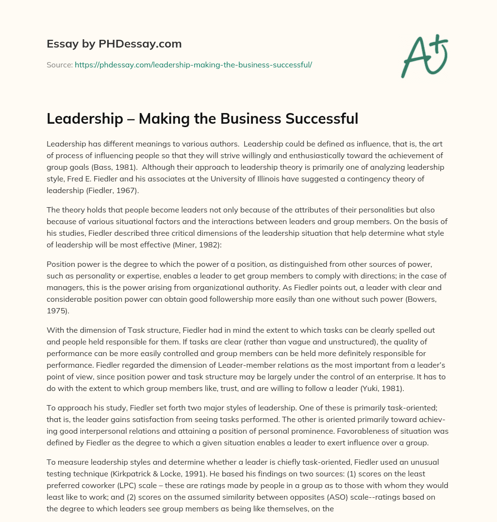 Leadership – Making the Business Successful essay