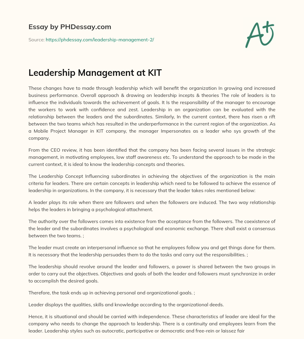 Leadership Management at KIT essay