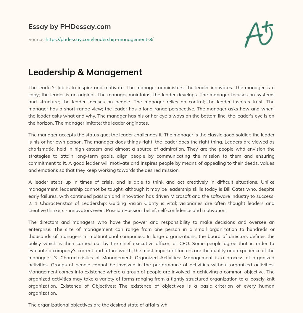 Leadership & Management essay