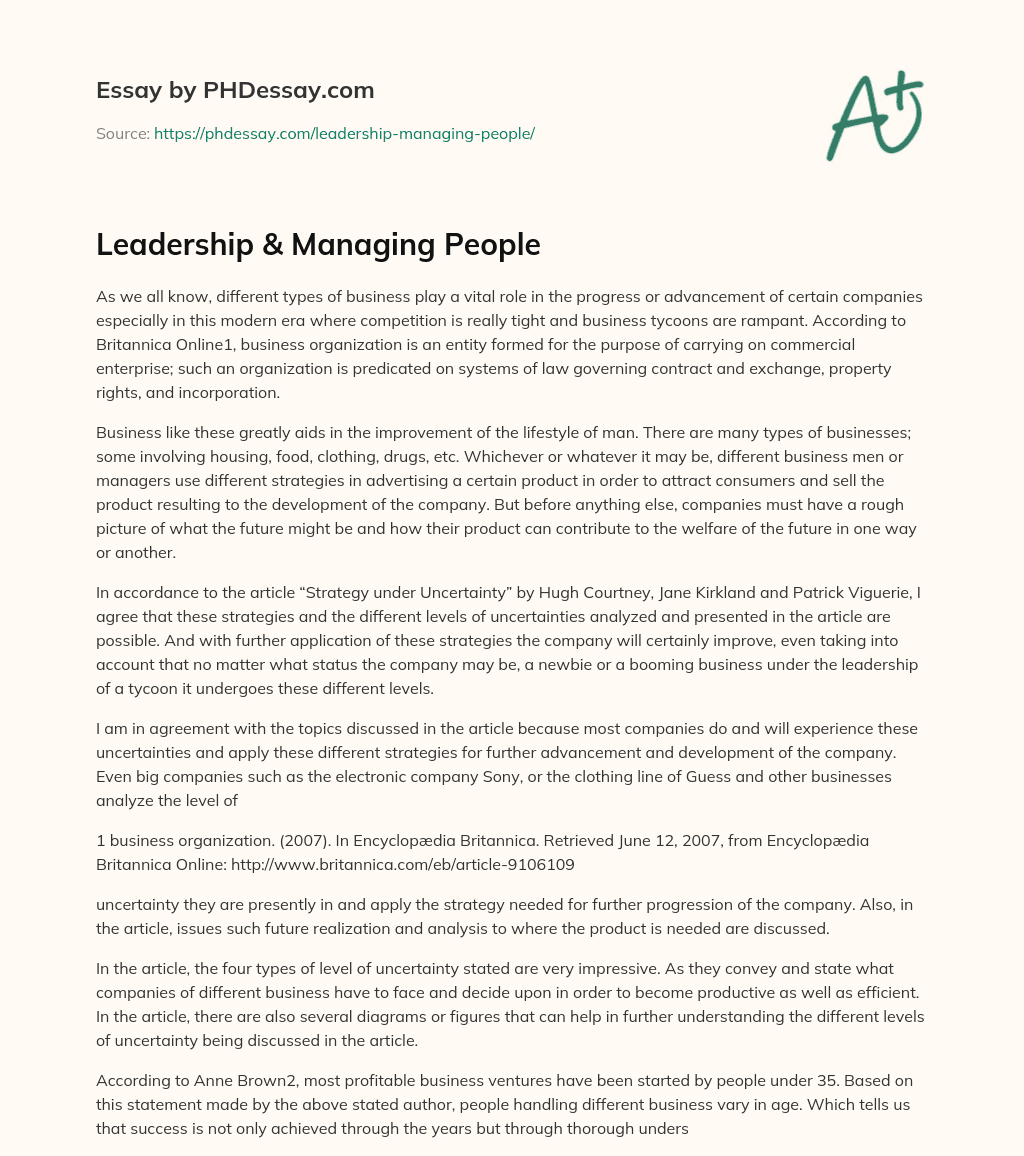 Leadership & Managing People essay