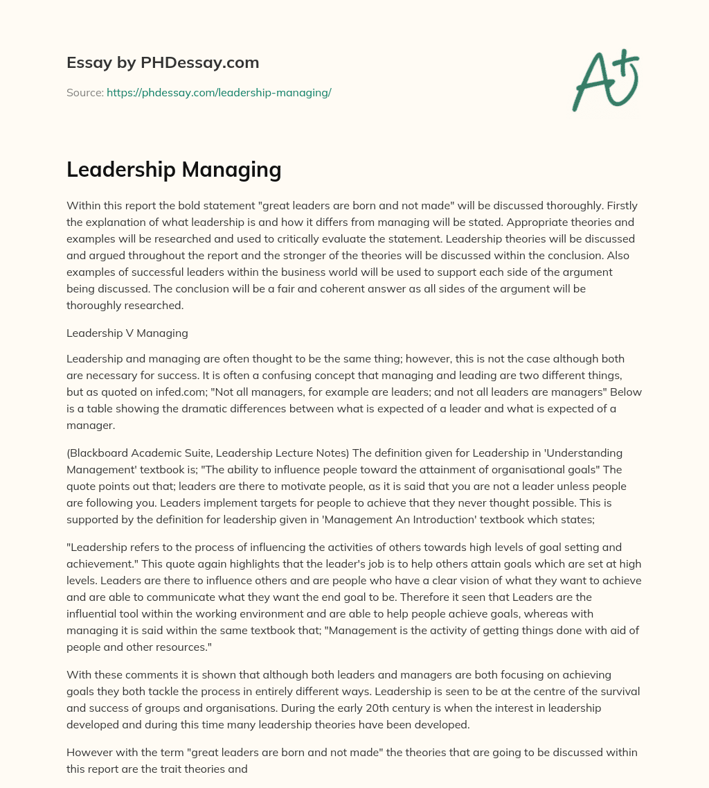 Leadership Managing essay