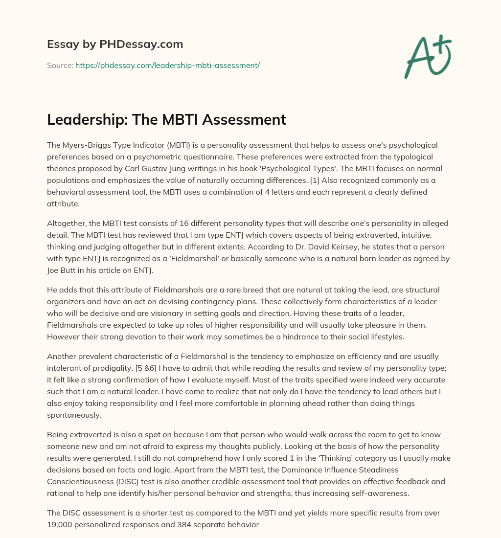 Leadership: The MBTI Assessment essay
