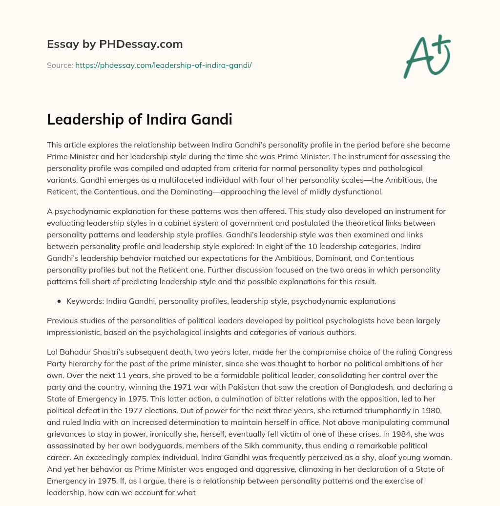 Leadership Of Indira Gandi - PHDessay.com