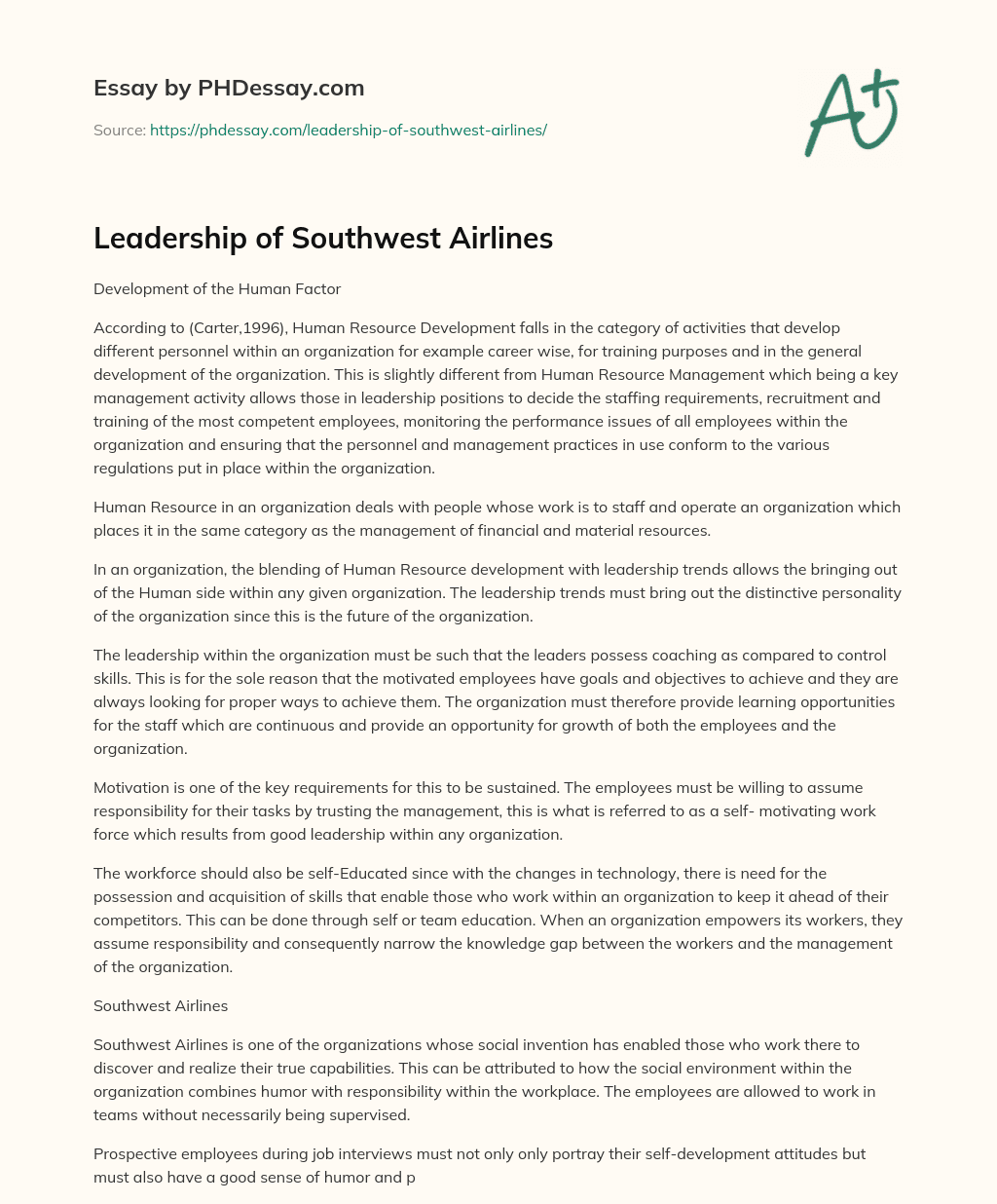 Leadership of Southwest Airlines essay