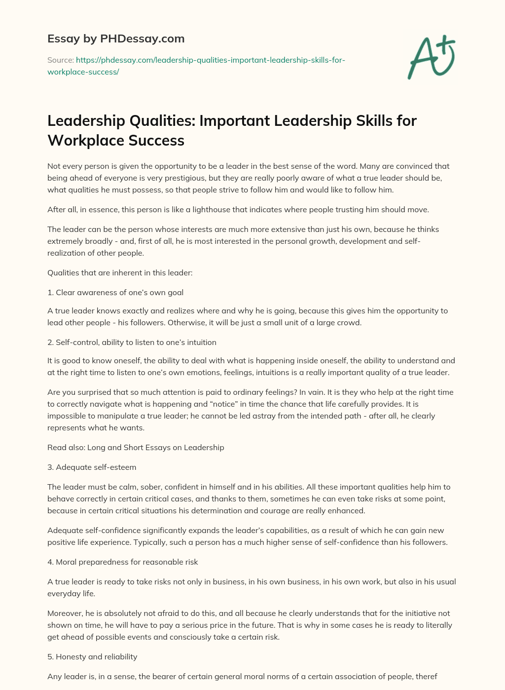 Leadership Qualities: Important Leadership Skills for Workplace Success essay