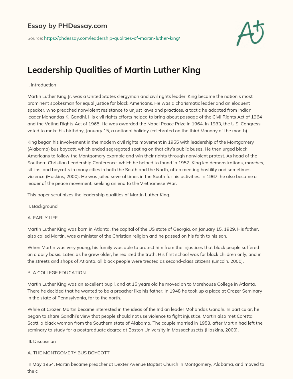 leadership essay on martin luther king