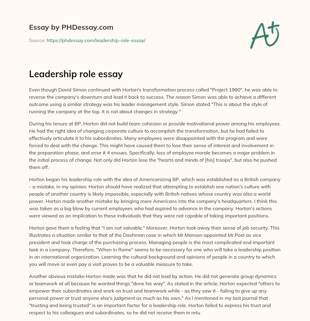 Leadership Role Essay PHDessay