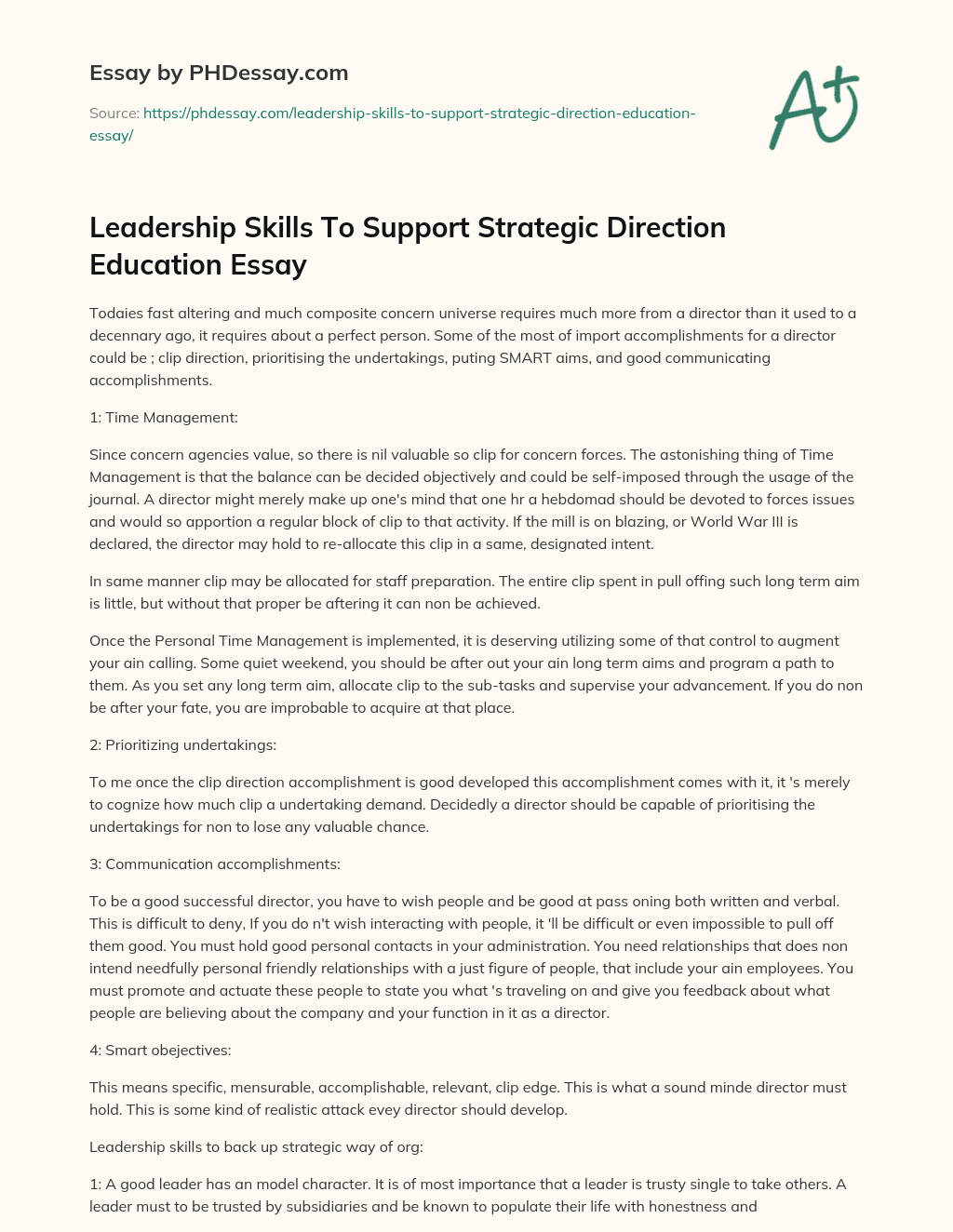Leadership Skills To Support Strategic Direction Education Essay essay