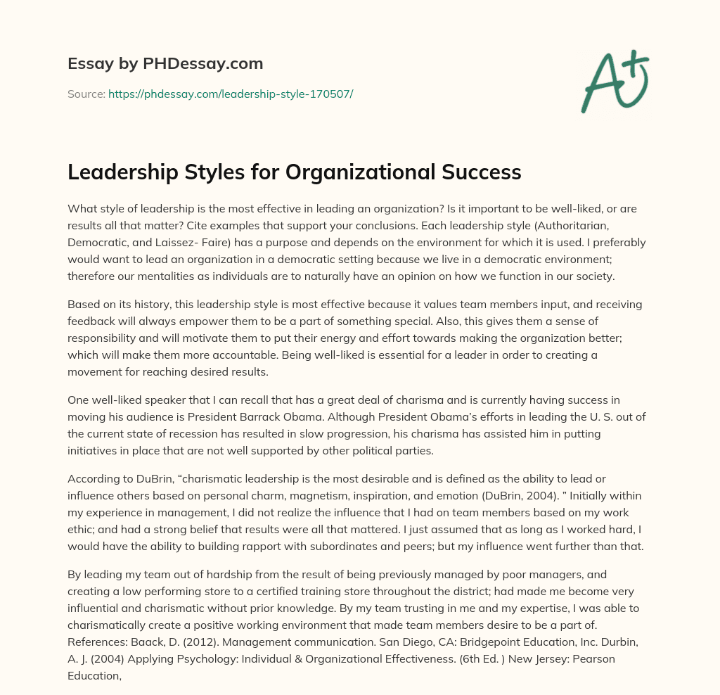 Leadership Styles for Organizational Success essay
