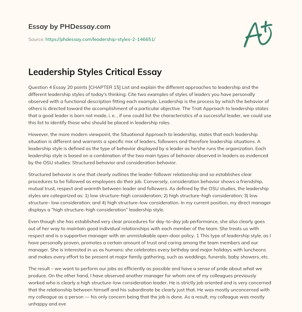 Leadership Styles Critical Essay essay