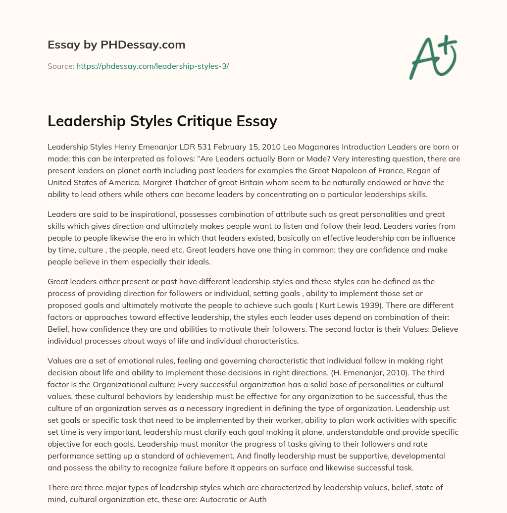 Leadership Styles Critique Essay essay