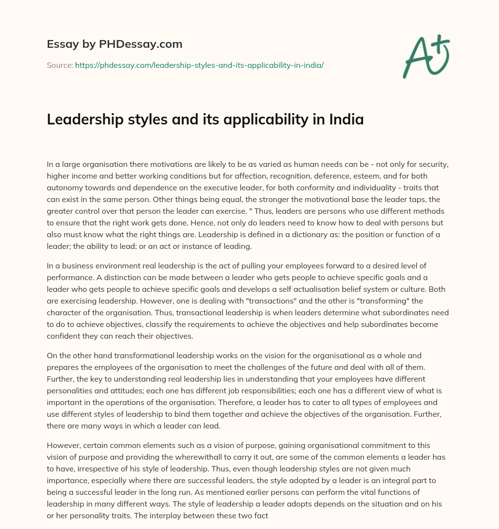 Leadership styles and its applicability in India essay