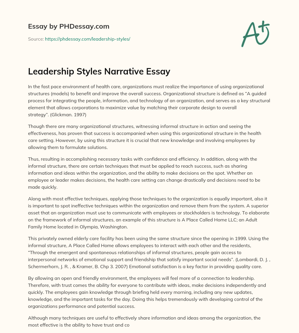 Leadership Styles Narrative Essay essay