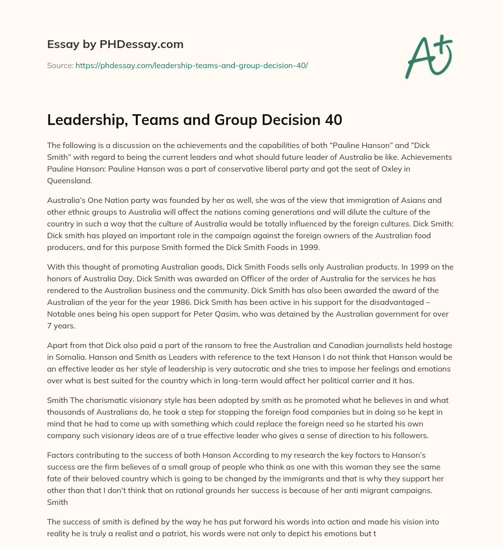 Leadership, Teams and Group Decision 40 essay