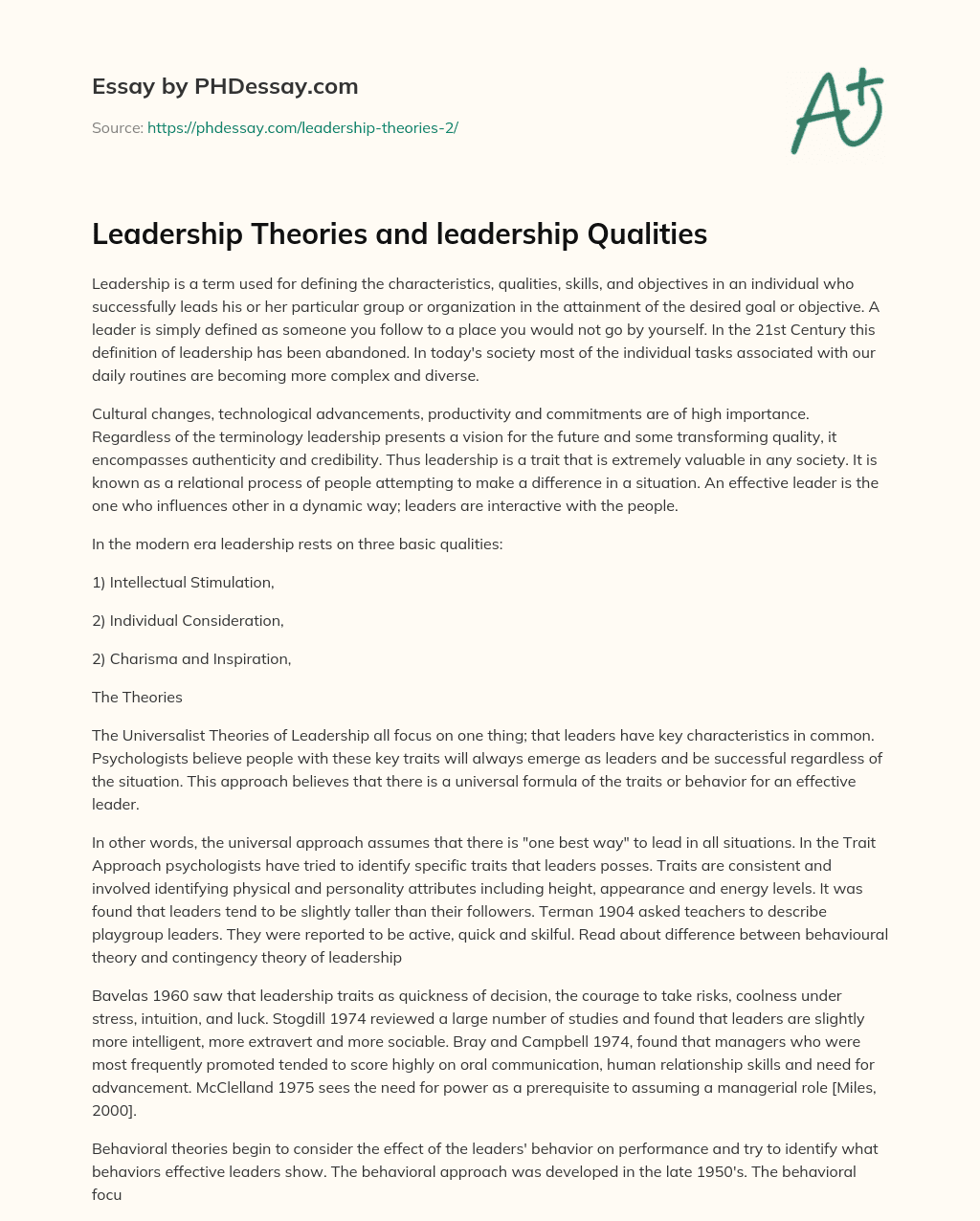 Leadership Theories and leadership Qualities essay