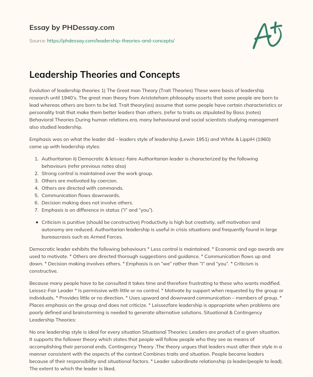 an essay on leadership theories