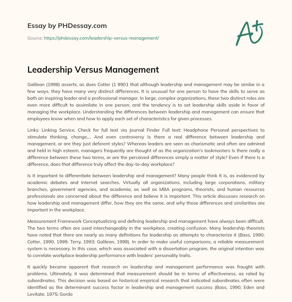 leadership versus management essay