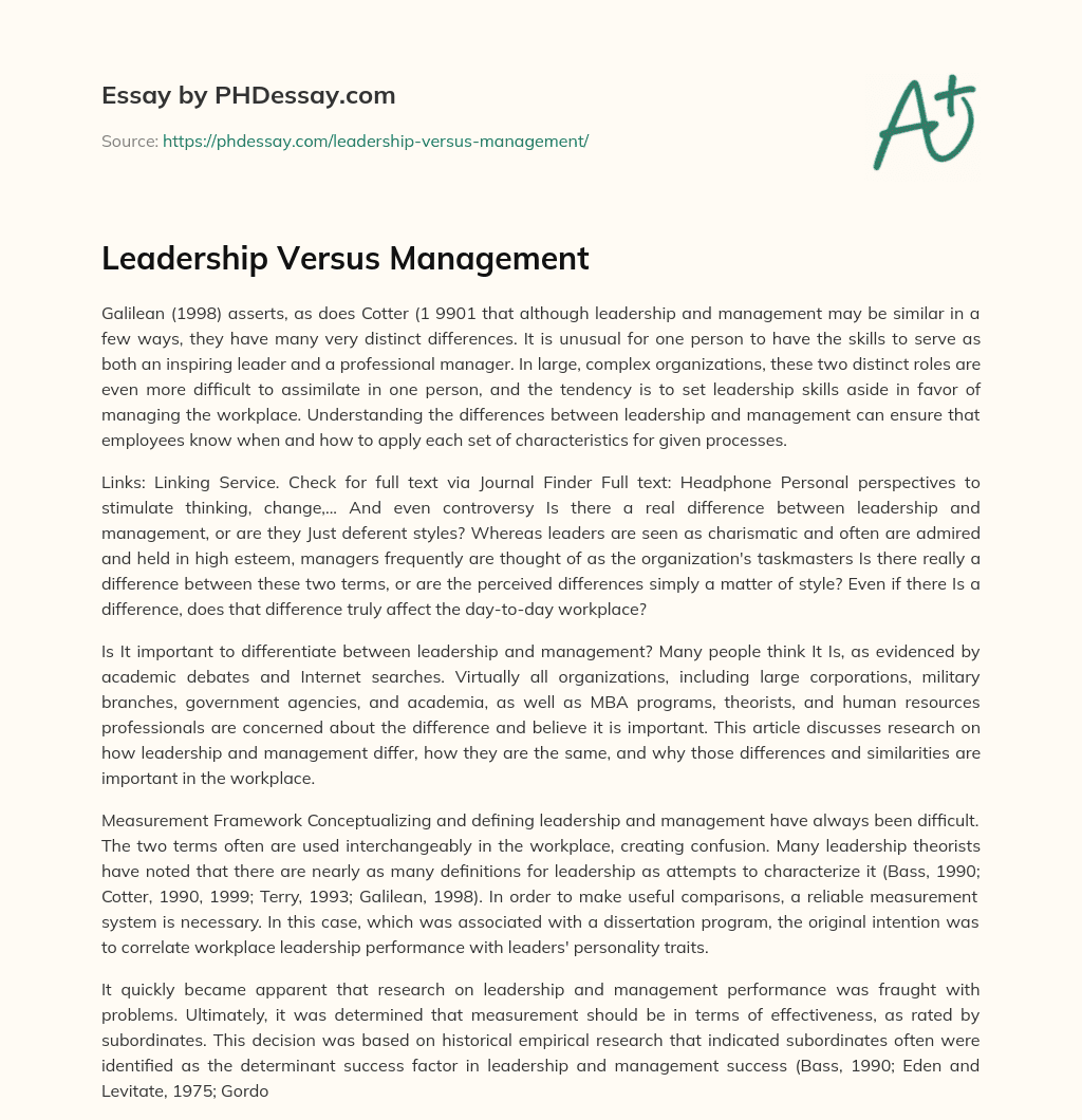 Leadership Versus Management essay