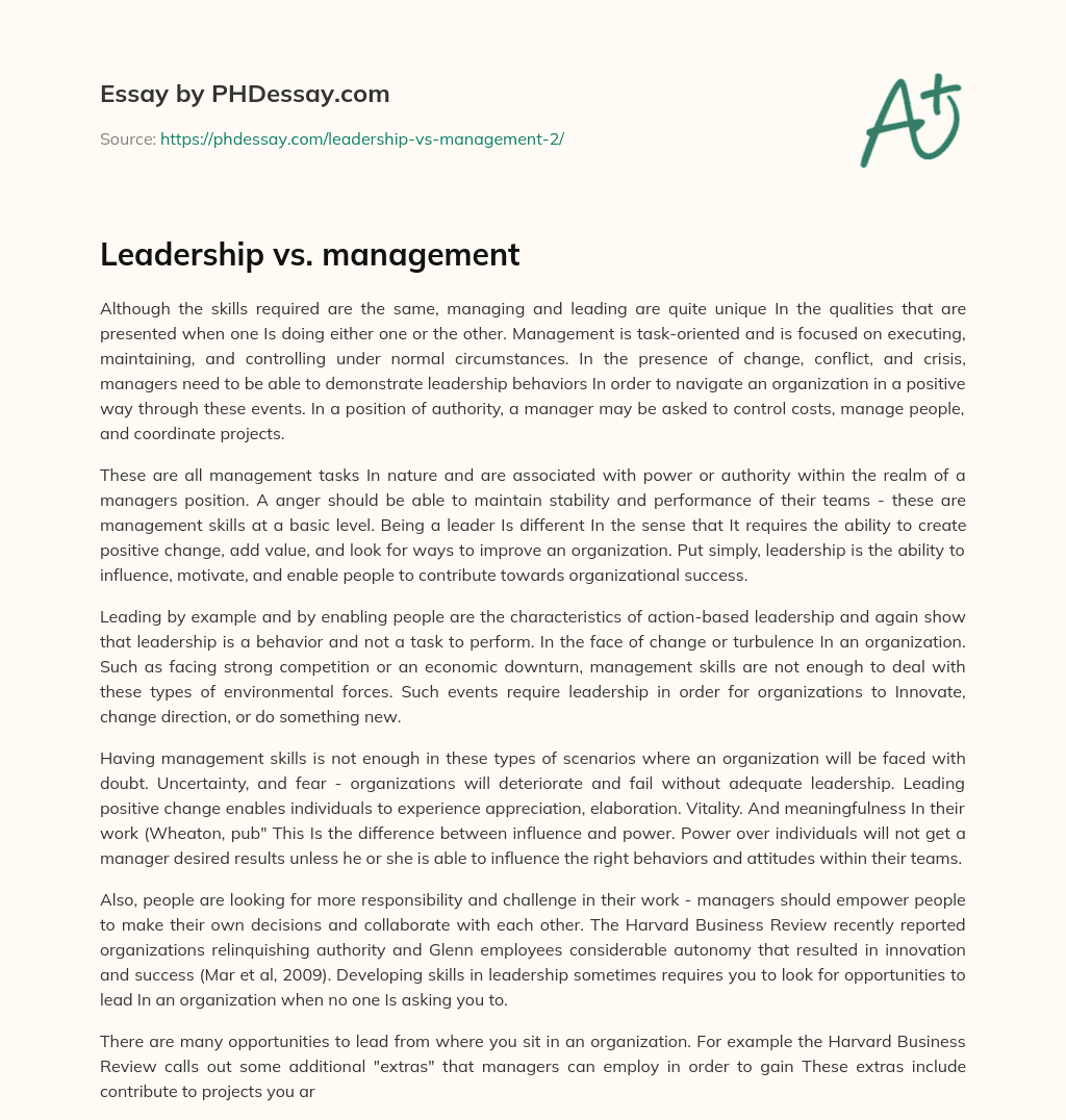 Leadership vs. management essay