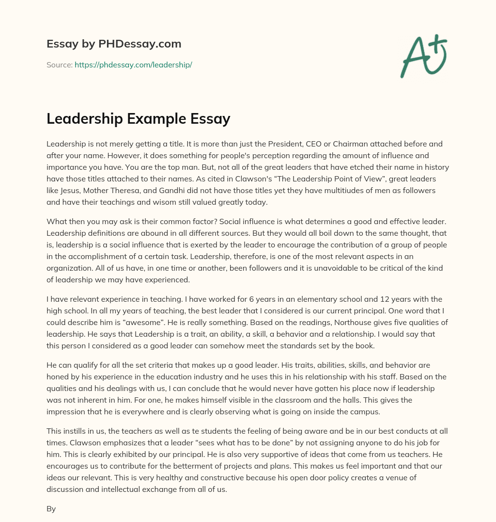Leadership Example Essay Sample