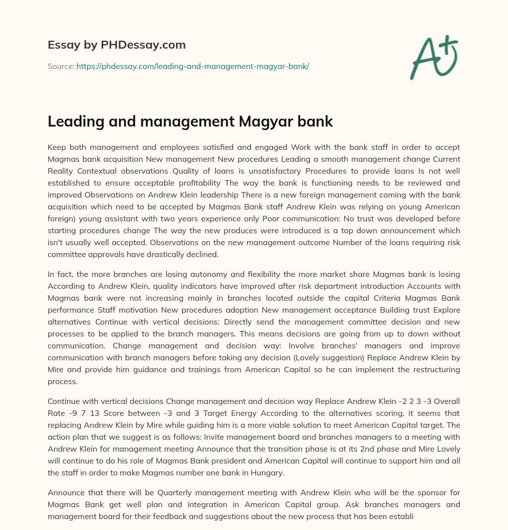 Leading and management Magyar bank essay