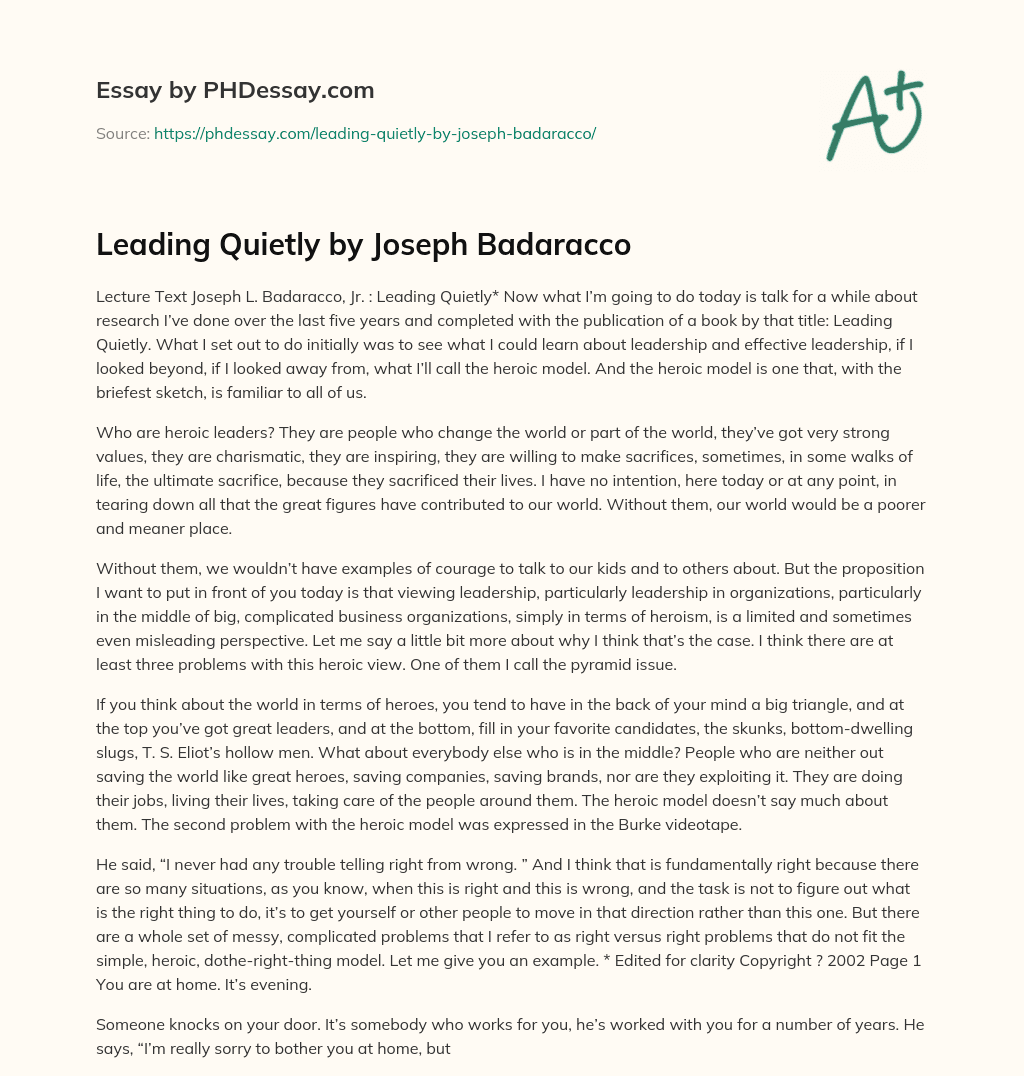 Leading Quietly by Joseph Badaracco essay