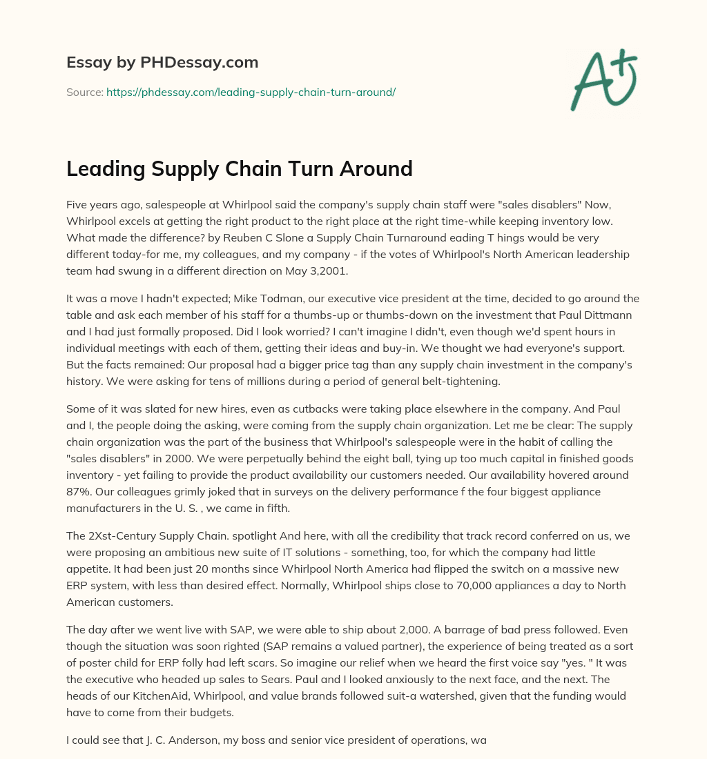 Leading Supply Chain Turn Around essay